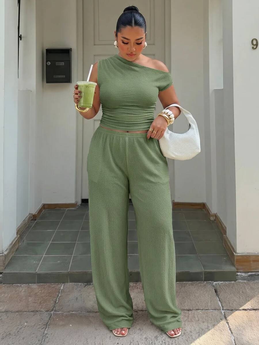 Muchica Plus Asymmetrical Neck Ruched Top Wide Leg Pants Vacation Olive Green Summer Casual Matching Cargo Travel - Olive Green - View 1