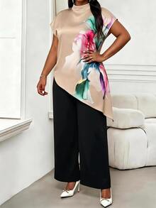 SHEIN Lady Plus Size Women Floral Print Asymmetrical Hem Top And Pants Set - Khaki - View 5