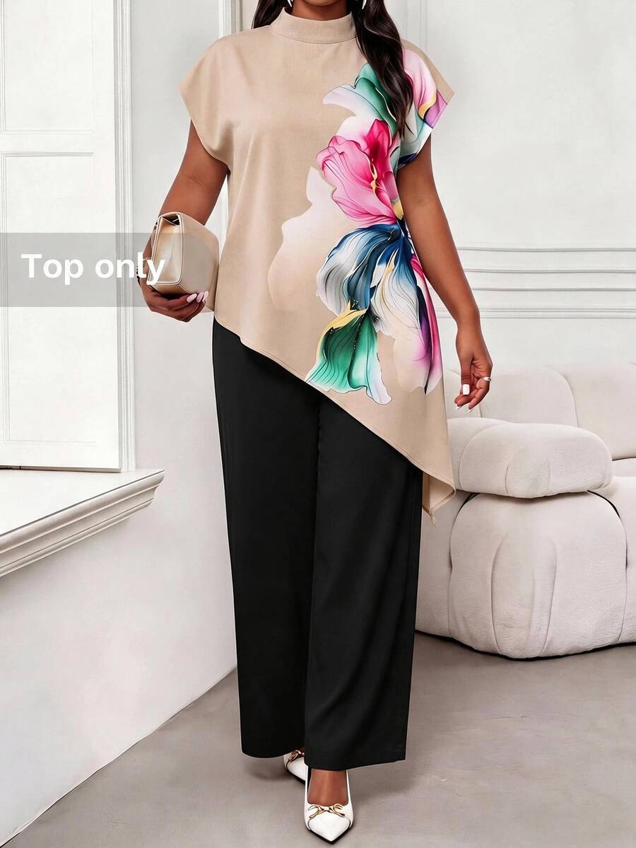 SHEIN Lady Plus Size Women Floral Print Asymmetrical Hem Top And Pants Set - Khaki - View 1