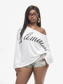 Vadaroq Women's Letter Print Asymmetric Shoulder Drop Sleeve Casual T-Shirt - White - View 2
