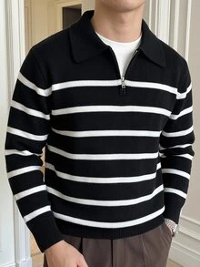 Claim Dot Old Money Autumn/Winter New Style Reverse Collar Half-Zip Pullover Long Sleeve Black And White Striped Contrast Fashion Casual Plus Size Men's Sweater - Black and White - View 5