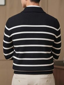 Claim Dot Old Money Autumn/Winter New Style Reverse Collar Half-Zip Pullover Long Sleeve Black And White Striped Contrast Fashion Casual Plus Size Men's Sweater - Black and White - View 7