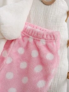 SHEIN Kids Baby Girl Knitted Cute Cartoon Rabbit Embroidered Pattern Crew Neck Pullover Faux Fur Sweatshirt With Elastic Waist Polka Dot Faux Fur Long Pants 2 Pieces Set, Suitable For Autumn/Winter, Casual Versatile Comfortable - Multicolor - View 6