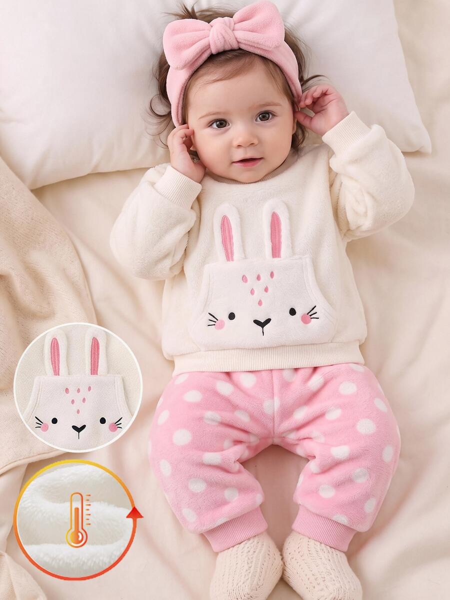 SHEIN Kids Baby Girl Knitted Cute Cartoon Rabbit Embroidered Pattern Crew Neck Pullover Faux Fur Sweatshirt With Elastic Waist Polka Dot Faux Fur Long Pants 2 Pieces Set, Suitable For Autumn/Winter, Casual Versatile Comfortable - Multicolor - View 1