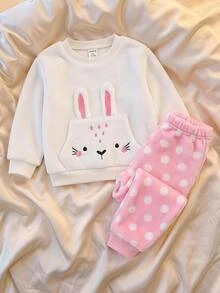 SHEIN Kids Baby Girl Knitted Cute Cartoon Rabbit Embroidered Pattern Crew Neck Pullover Faux Fur Sweatshirt With Elastic Waist Polka Dot Faux Fur Long Pants 2 Pieces Set, Suitable For Autumn/Winter, Casual Versatile Comfortable - Multicolor - View 3