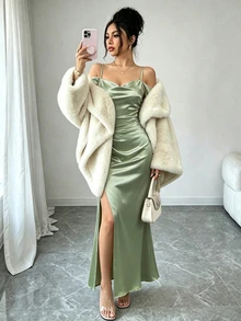 Elenzga Women's Summer Elegant Solid Color Off-Shoulder Spaghetti Strap High Slit Dress - Mint Green - View 3