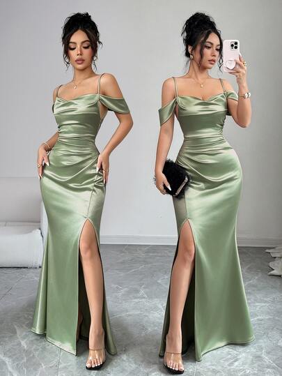 Elenzga Women's Summer Elegant Solid Color Off-Shoulder Spaghetti Strap High Slit Dress