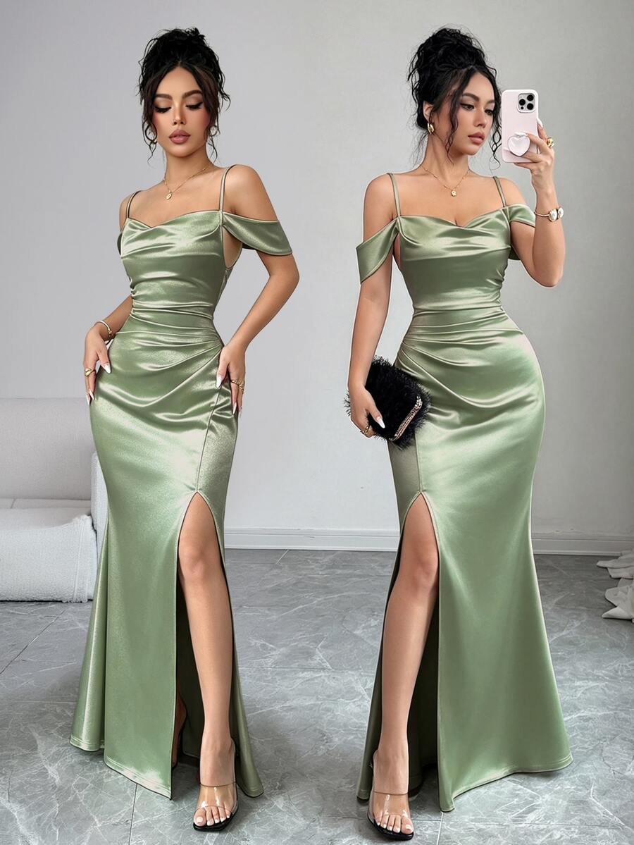 Elenzga Women's Summer Elegant Solid Color Off-Shoulder Spaghetti Strap High Slit Dress - Mint Green - View 1