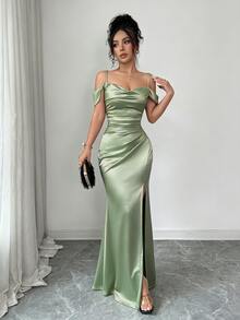 Elenzga Women's Summer Elegant Solid Color Off-Shoulder Spaghetti Strap High Slit Dress - Mint Green - View 6