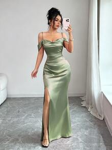 Elenzga Women's Summer Elegant Solid Color Off-Shoulder Spaghetti Strap High Slit Dress - Mint Green - View 5