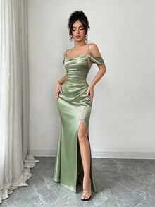Elenzga Women's Summer Elegant Solid Color Off-Shoulder Spaghetti Strap High Slit Dress - Mint Green - View 7