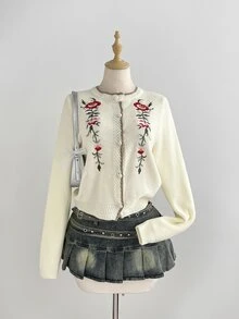 Mori Grove Mori Grove 女款休閒可愛浪漫百搭刺繡復古對比飾邊日常通勤秋季針織開襟衫 白色花卉早午餐風 - 杏色 - 查看 7