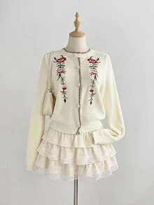 Mori Grove Mori Grove 女款休閒可愛浪漫百搭刺繡復古對比飾邊日常通勤秋季針織開襟衫 白色花卉早午餐風 - 杏色 - 查看 3