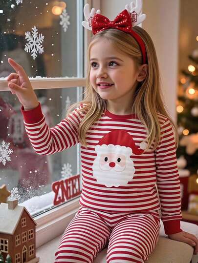 SHEIN Young Girls Young Girl Autumn/Winter Christmas Cute Fashion Versatile Party Long Sleeve Long Pants Set Daily Home Wear Slim Fit