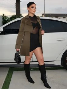 Dayanna Comas 时尚法式复古H型腰带收腰翻领驼色女秋冬风衣 - 軍綠色 - 查看 6