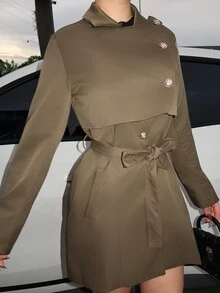 Dayanna Comas 时尚法式复古H型腰带收腰翻领驼色女秋冬风衣 - 軍綠色 - 查看 4