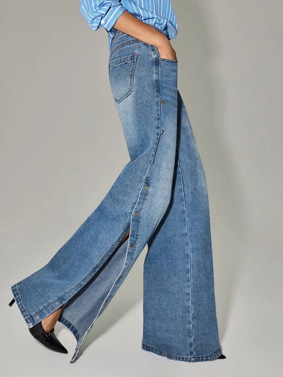 Anewsta Essential Anewsta Modern Fashion Elegant Button Hem Slit Straight Leg Wide Leg Jeans For Women, Fall, Winter, Summer, Spring, Going Out, Party, Wedding, New Year - Blue - View 1