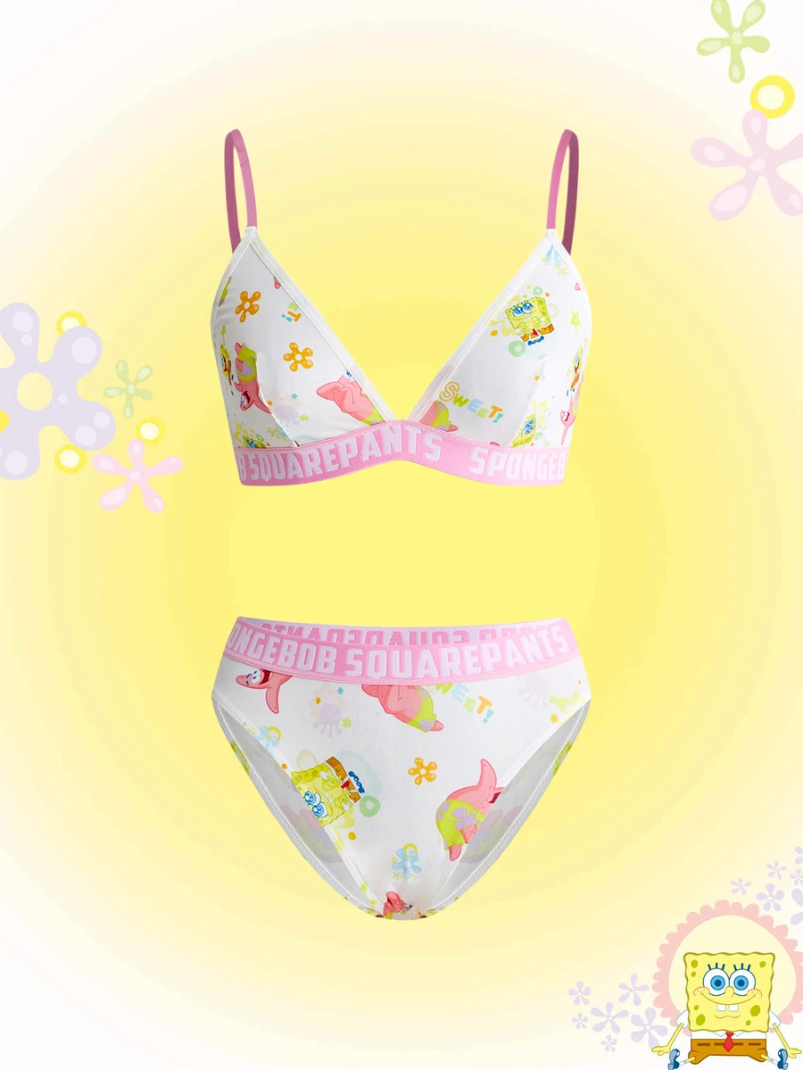 SpongeBob SquarePants | ROMWE Women's Letter Cartoon Print Spaghetti Strap Bra And Triangle Panty Lingerie Set - White - View 1