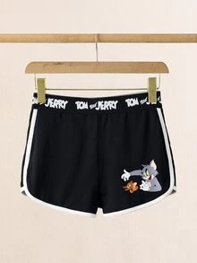 TOM & JERRY X SHEIN 女士字母腰带休闲短裤 - 黑色 - 查看 6