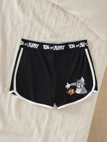 TOM & JERRY X SHEIN 女士字母腰带休闲短裤 - 黑色 - 查看 4