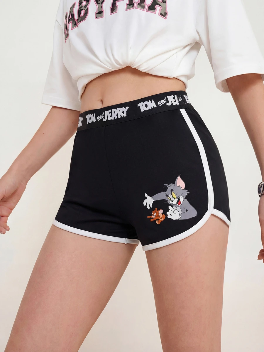 TOM & JERRY X SHEIN 女士字母腰带休闲短裤 - 黑色 - 查看 1