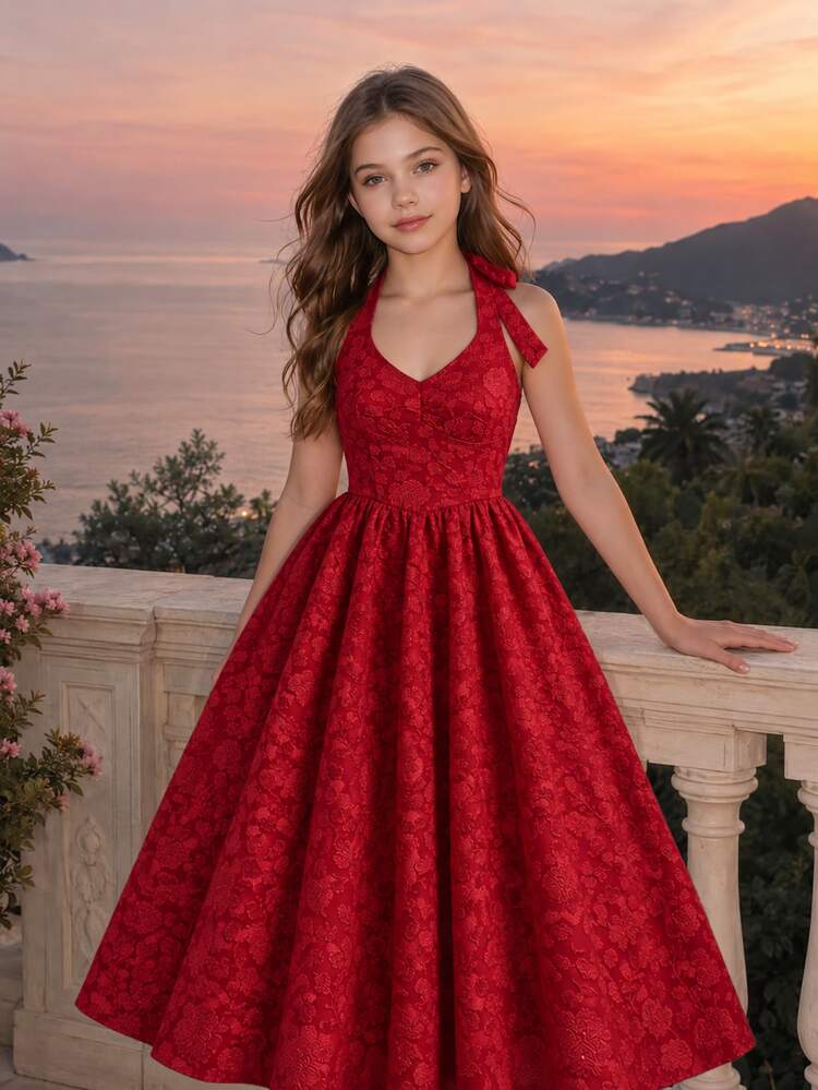 Gaun Panjang Halter Neck Satin Jacquard Burgundy Rose untuk Remaja Perempuan, Gaya Elegan Prancis, Dipadukan dengan Selendang, Kain Rajut Elastis, Cocok untuk Pesta Malam, Perjamuan, Pesta Wisuda, Pesta Keluarga, Pertemuan, Natal, Halloween, Gaun Musim Gugur/Dingin, Cocok untuk Kencan, Gaya Elegan, Penting untuk Musim Semi/Panas/Musim Gugur/Dingin - Burgundy - View 1