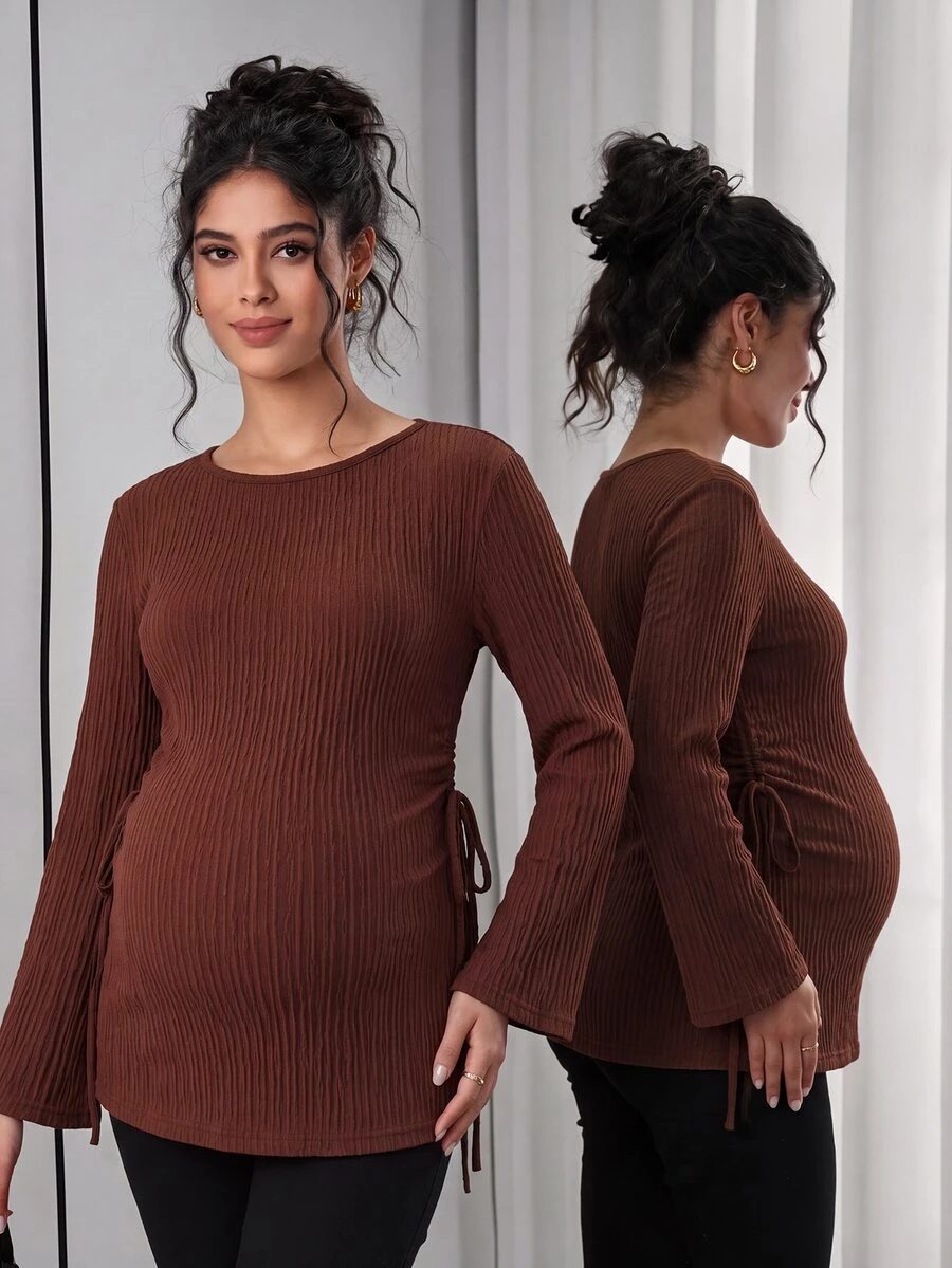 Momance Maternity-D Women's Coffee Brown Textured Fabric Round Neck ...