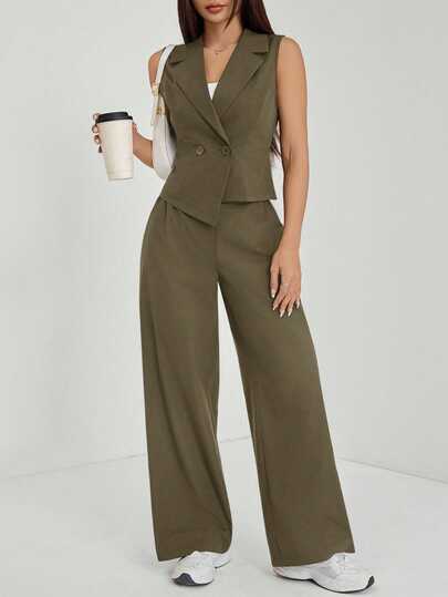 SHEIN PETITE ملابس خريفية للنساء قطعتين/طقم ملابس علوية بدون أكمام وبنطلون بلون موحد، ملابس خريفية للنساء الصغيرات