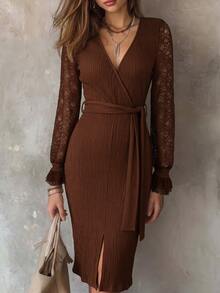 SHEIN Women's Autumn And Winter Dark Brown V-Neck Cross-Body Long-Sleeve Dress With Lantern Sleeves The Main Body Is Made Of Vertical Groove Texture Knitted - Coffee Brown - View 5