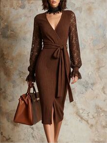 SHEIN Women's Autumn And Winter Dark Brown V-Neck Cross-Body Long-Sleeve Dress With Lantern Sleeves The Main Body Is Made Of Vertical Groove Texture Knitted - Coffee Brown - View 3