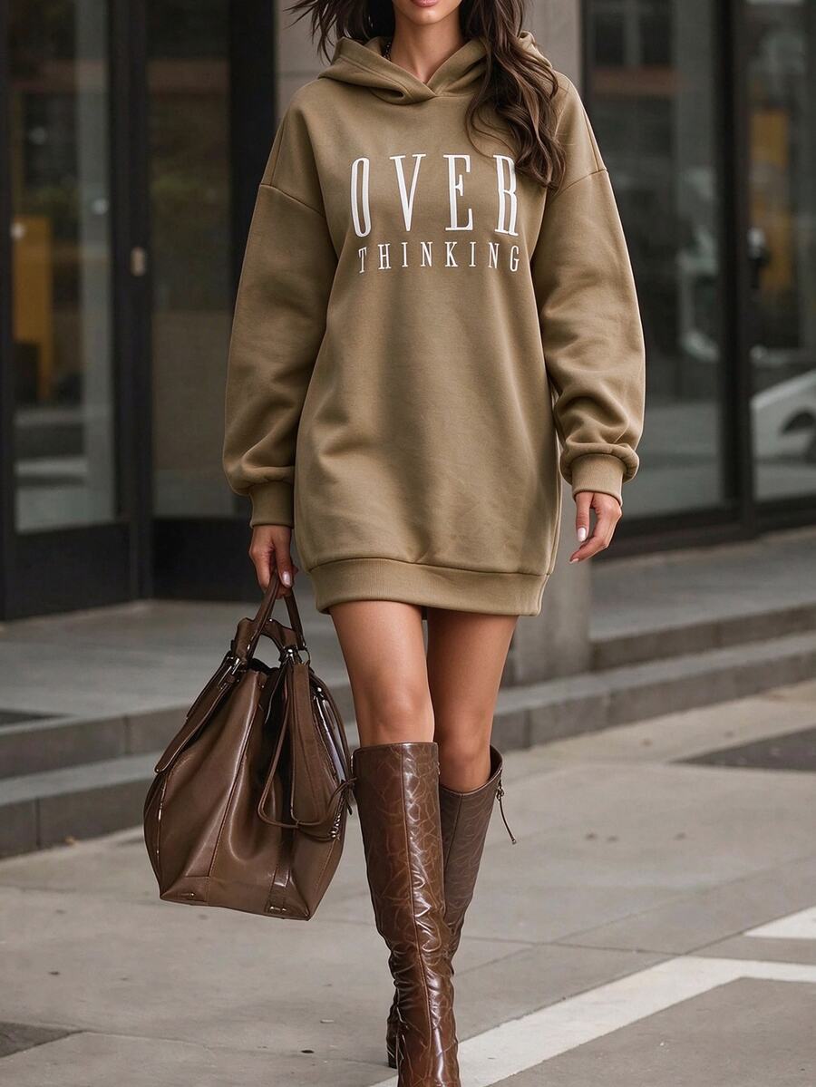 SHEIN Letter Graphic Drop Shoulder Oversize Hooded Sweatshirt Dress - Khaki - View 1
