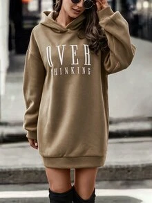 SHEIN Letter Graphic Drop Shoulder Oversize Hooded Sweatshirt Dress - Khaki - View 6