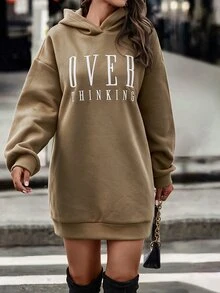 SHEIN Letter Graphic Drop Shoulder Oversize Hooded Sweatshirt Dress - Khaki - View 3