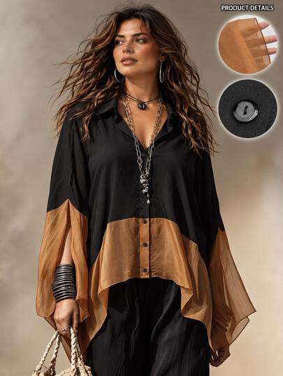 Easura Women's Plus Size Vintage Versatile Casual Commute Elegant Minimalist Long Sleeve Collared Asymmetrical Hem Shirt Suitable For Autumn