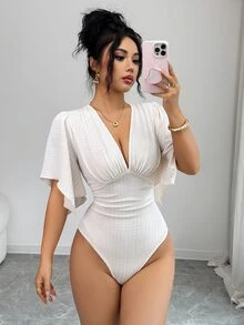 Elenzga New V-Neck Knitted Textured Bust Pleated Ruffle Sleeve Waist Cinched Elegant Bodysuit For Women - Apricot - View 1