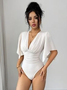 Elenzga New V-Neck Knitted Textured Bust Pleated Ruffle Sleeve Waist Cinched Elegant Bodysuit For Women - Apricot - View 4