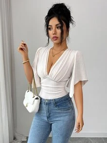 Elenzga New V-Neck Knitted Textured Bust Pleated Ruffle Sleeve Waist Cinched Elegant Bodysuit For Women - Apricot - View 5