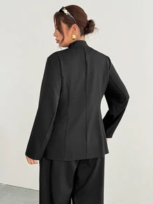 Firerie Plus Size Women's Spring/Autumn Elegant Fitted Blazer With Small Stand Collar, Single-Breasted Button, Pocket Design, Cinched Waist And Long Sleeves - Black - View 2