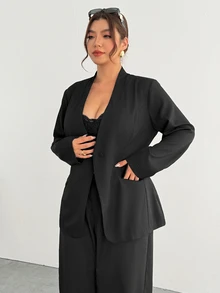 Firerie Plus Size Women's Spring/Autumn Elegant Fitted Blazer With Small Stand Collar, Single-Breasted Button, Pocket Design, Cinched Waist And Long Sleeves - Black - View 3