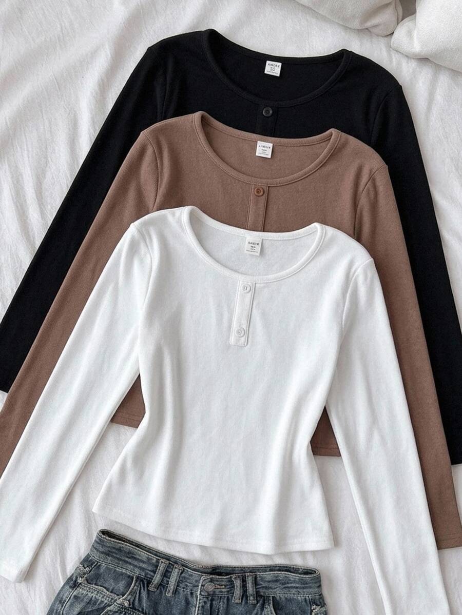 Tween Girl Tween Girl Autumn/Winter Casual Basic Minimalist Button-Front Sporty Streetwear Knit Solid Color Crew Neck Long Sleeve Tops 3pcs Set Black Coffee Brown Beige Randomly Sent 3pcs - Multicolor - View 1
