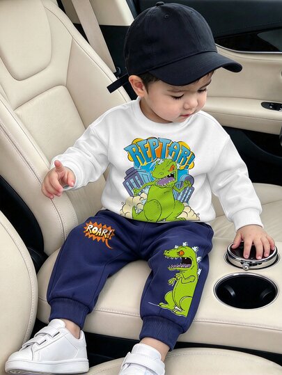Nick 90s | SHEIN Bộ 2 món cho bé trai, áo tay dài cổ tròn in khủng long Reptar + quần bo gấu, vải dệt kim thường ngày, mùa xuân/thu, áo nỉ chui đầu phù hợp mặc ở nhà, hàng ngày, ngoài trời, quần áo mùa thu