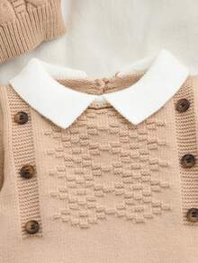 SHEIN 嬰兒針織長袖翻領前開扣連腳連身衣 米色與白色 - 卡其色 - 查看 6