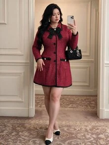 Vibekara Đầm size lớn phong cách vintage đính nơ và đá rhinestone trang trí cúc, mùa thu - Màu Đỏ Sâu - Xem 3