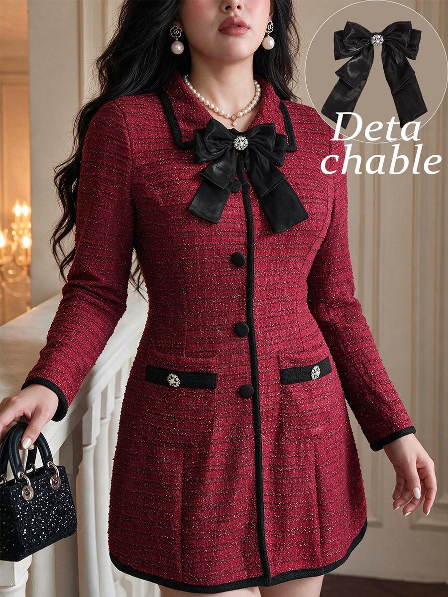 Vibekara Đầm size lớn phong cách vintage đính nơ và đá rhinestone trang trí cúc, mùa thu - Màu Đỏ Sâu - Xem 1