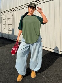 Muchica 大码夏季基本款休闲插肩袖拼色宽松T恤 - 墨綠色 - 查看 5