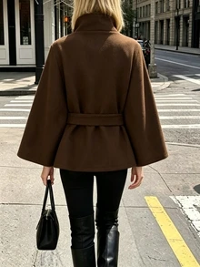 SHEIN PariChic 深褐色純色繫帶披肩大衣，法式優雅辦公通勤秋季外套 - 咖啡棕 - 查看 2