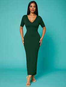 SHEIN SXY Summer;Women's Solid V-Neck Bodycon Short Sleeve Dress Hoco Dresses - Dark Green - View 5