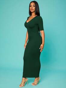 SHEIN SXY Summer;Women's Solid V-Neck Bodycon Short Sleeve Dress Hoco Dresses - Dark Green - View 3