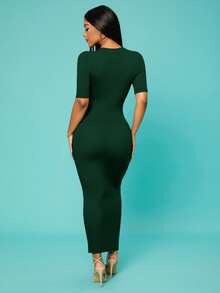 SHEIN SXY Summer;Women's Solid V-Neck Bodycon Short Sleeve Dress Hoco Dresses - Dark Green - View 2