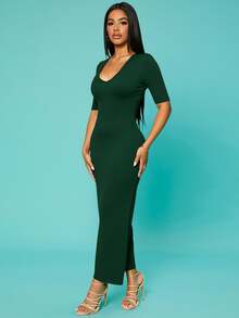 SHEIN SXY Summer;Women's Solid V-Neck Bodycon Short Sleeve Dress Hoco Dresses - Dark Green - View 4